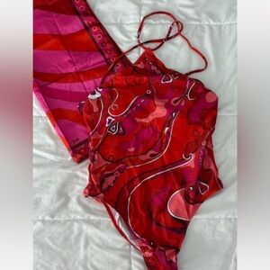 Emilio Pucci Red & Pink Abstract One-Piece Swim Bodysuit